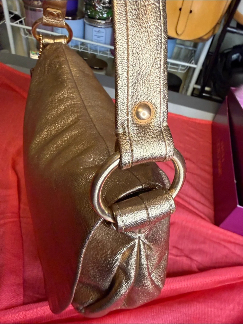 Coach Ali Metallic Rose Leather Hobo Shoulder Bag Rose Gold